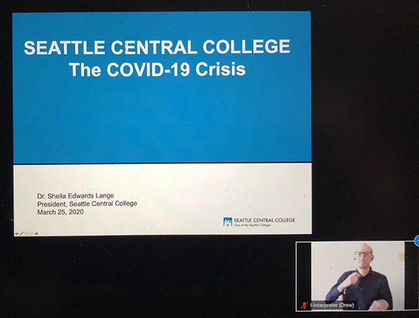 a screen shot of the virtual town hall, with a powerpoint slide and an ASL interpreter