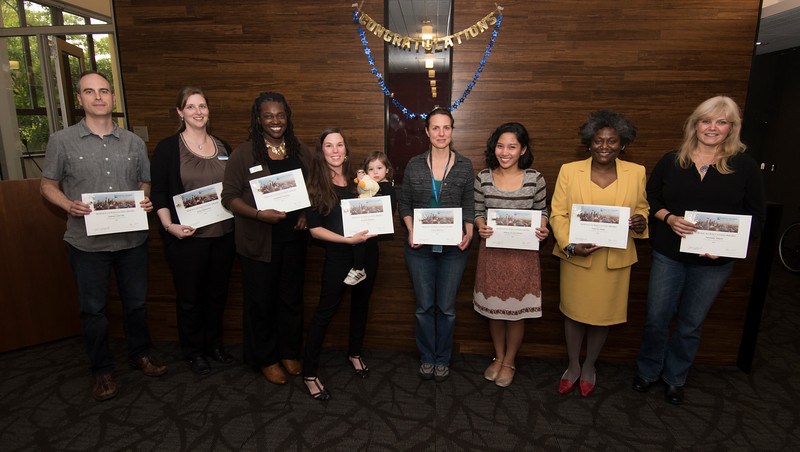 Krystle Balhan, Stephanie Delaney, Susanne Elliott, Valerie Hunt, Alyssa Jocson Porter, Janice Lang, Dan Linville, Dana Maestas, and Gina Panattoni receive awards