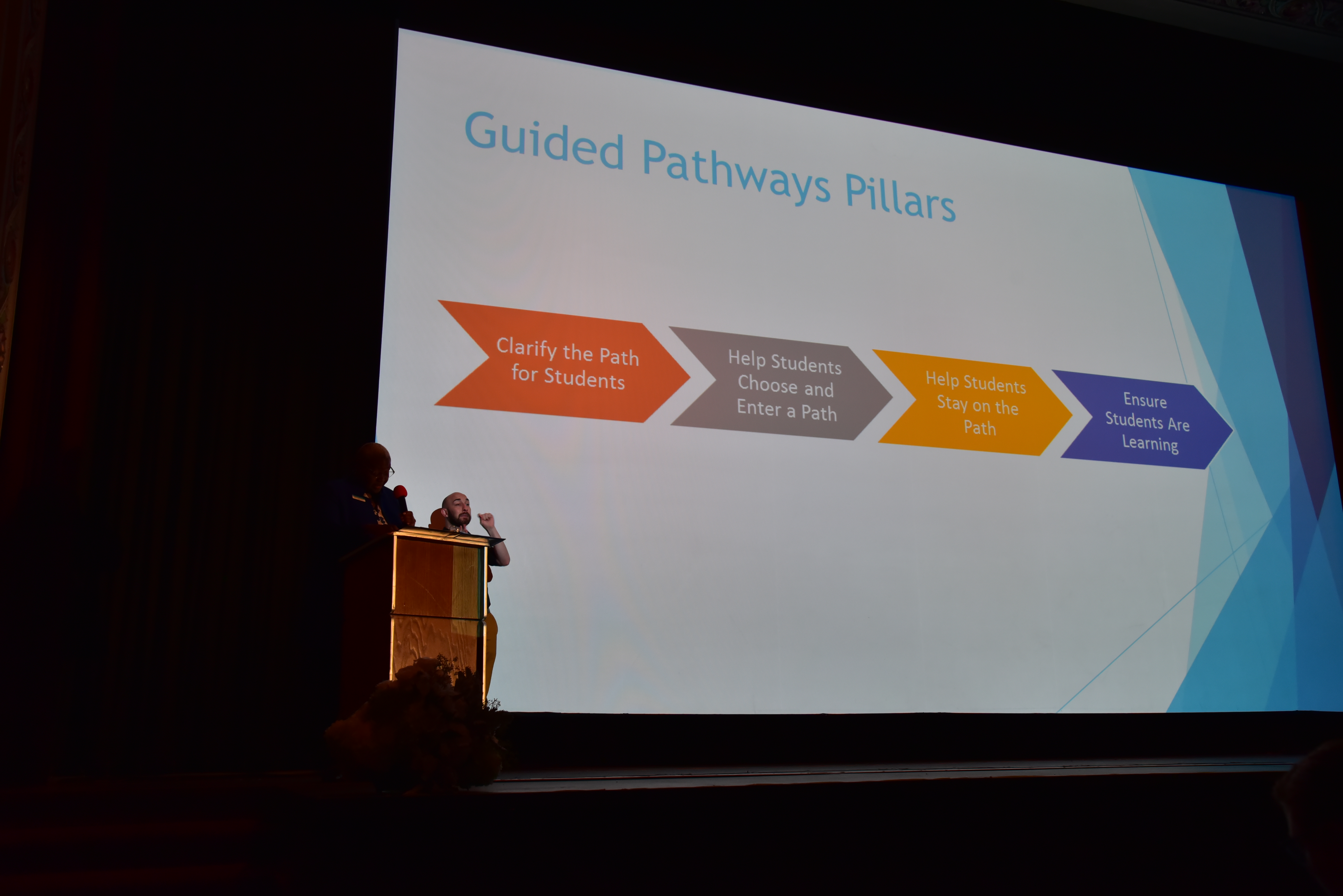 a stage image from the 2019 president's day, with a projected slide of the Guided Pathways pillars