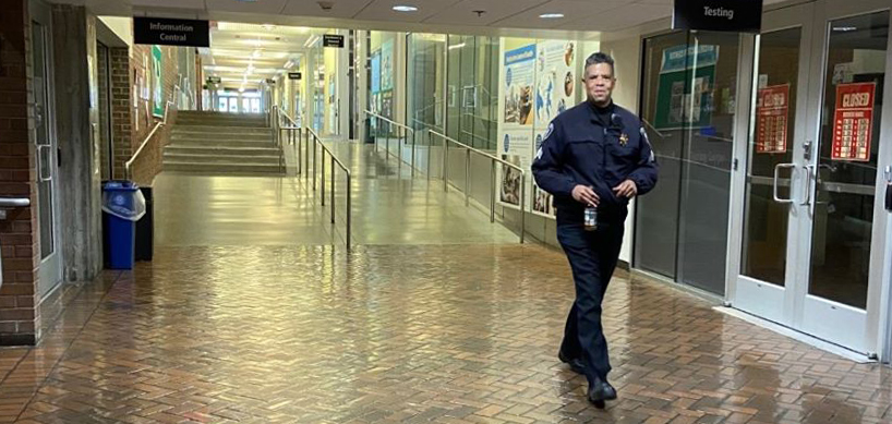 Officer Shiro patrols the empty halls of the BE building