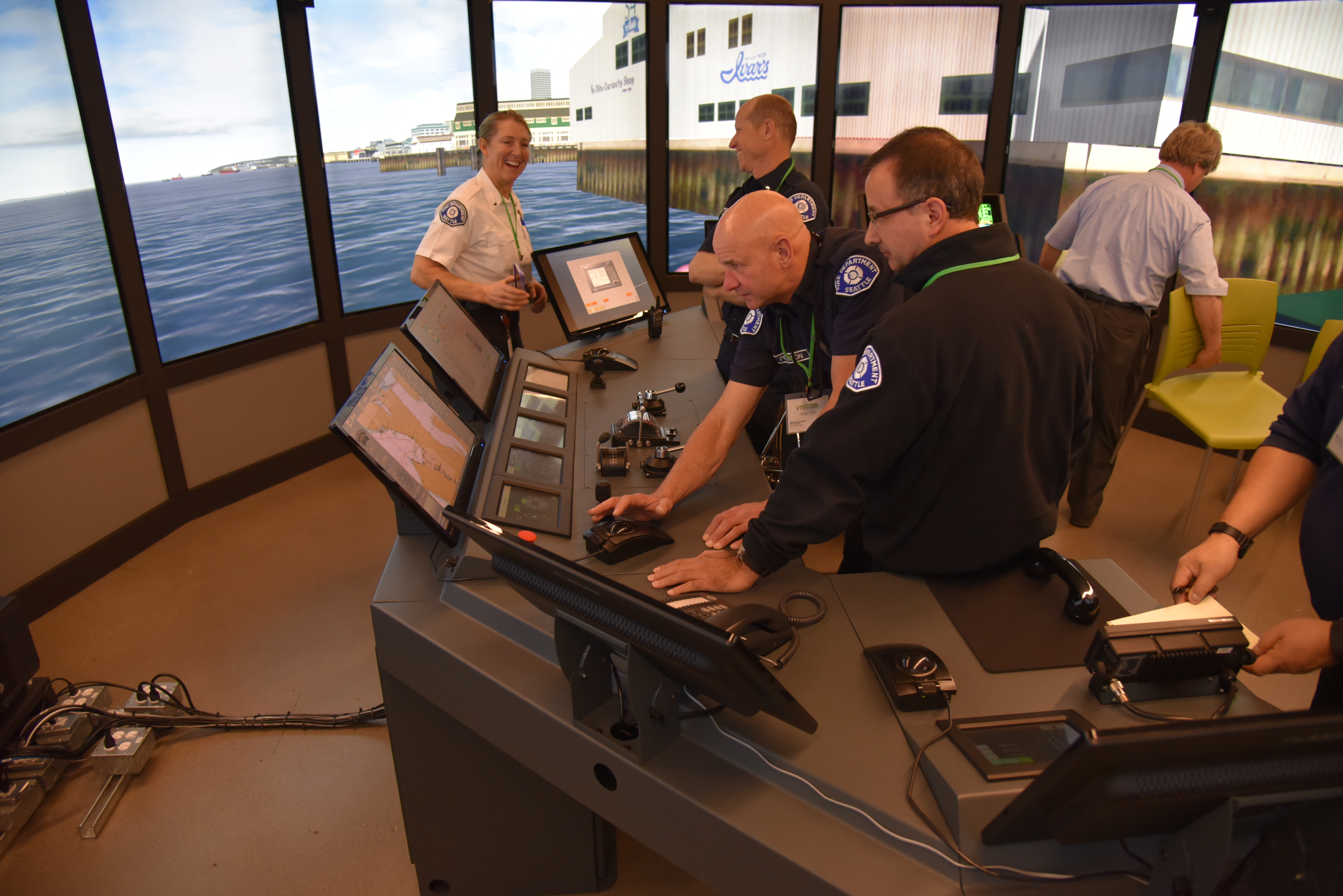Fire ship pilots train using the bridge simulator